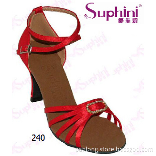 Suphini Red Satin Genuine Leather Outsole Latin Dance Shoes Woman